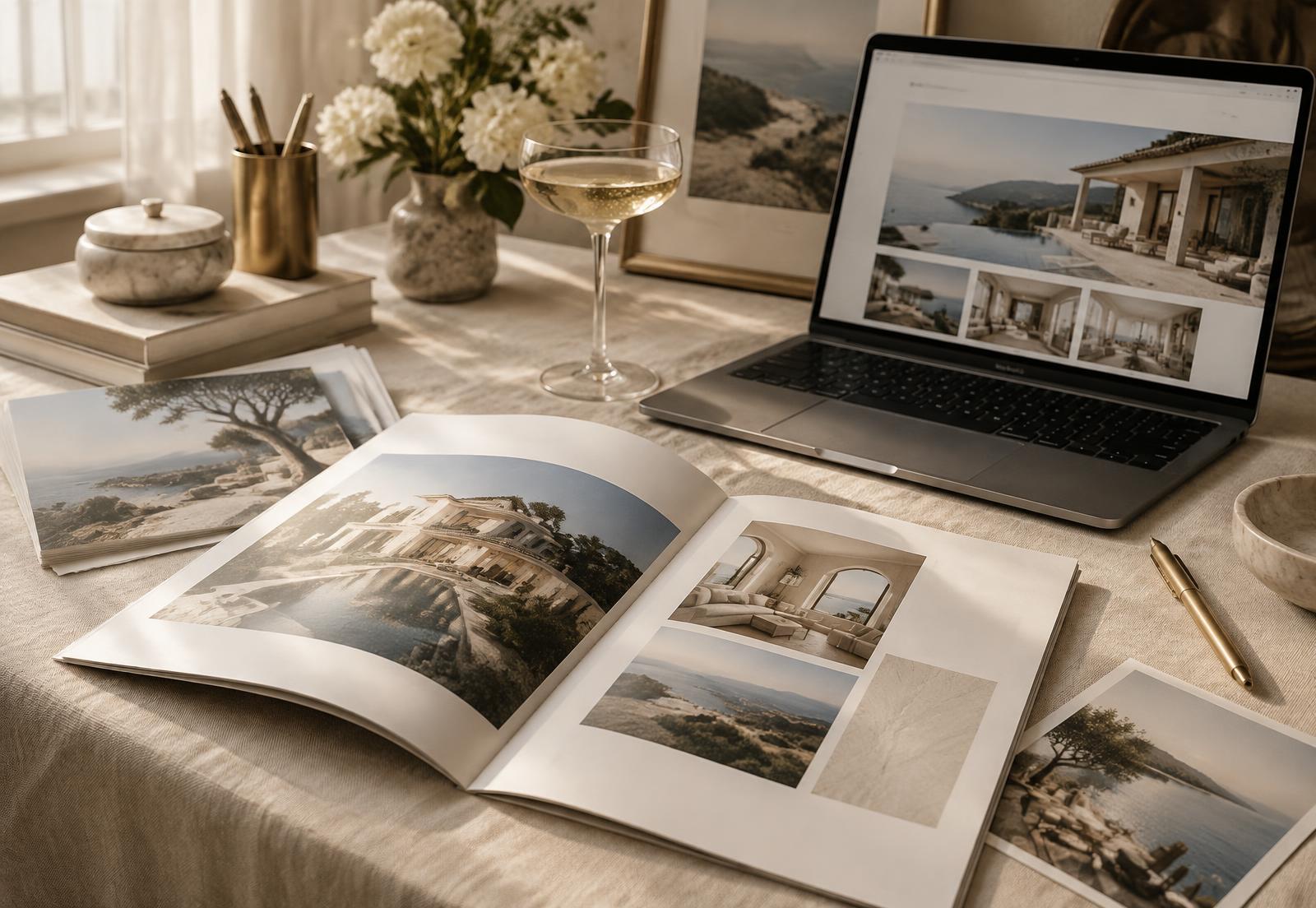 Printed brochures, postcards and a property website on a designer's desk